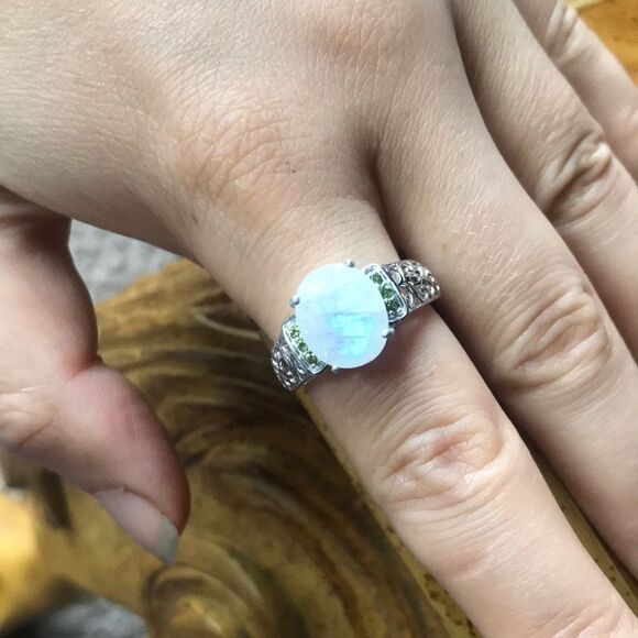 Natural Rainbow Moonstone Chrome Diopside Sterling Silver Ring Size 8 - Picture 1 of 8